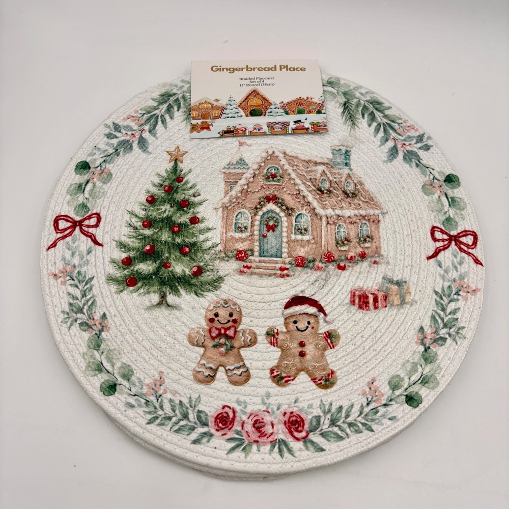Gingerbread Place Braided Placemat Set of 4 Christmas Round 15" White Holiday